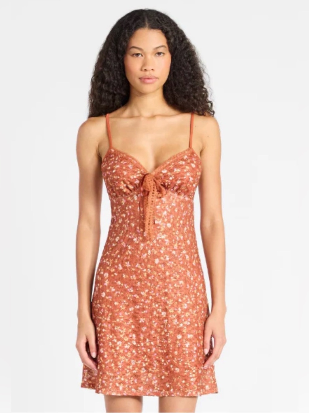No Boundaries Burnt Orange Sweetheart Triangle Lace Trim Satin Ribbon Mini Dress